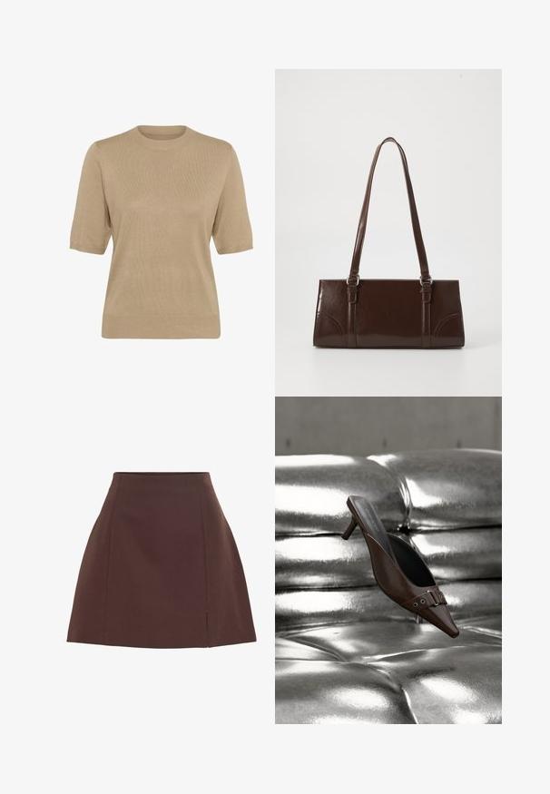 Suéter beige de manga corta con cuello redondo, textura acanalada y corte relajado. El material parece suave y ligero, con un acabado liso.; Falda marrón en línea A con una ligera abertura frontal y detalles de costuras limpias, hecha de tela lisa.; Mule de tacón marrón con punta puntiaguda y detalle de hebilla, flotando sobre una superficie de cuero plateado brillante y capitoné.; Bolso de mano de piel sintética marrón con forma rectangular, dos asas largas y sutiles acentos curvados en la parte delantera.
