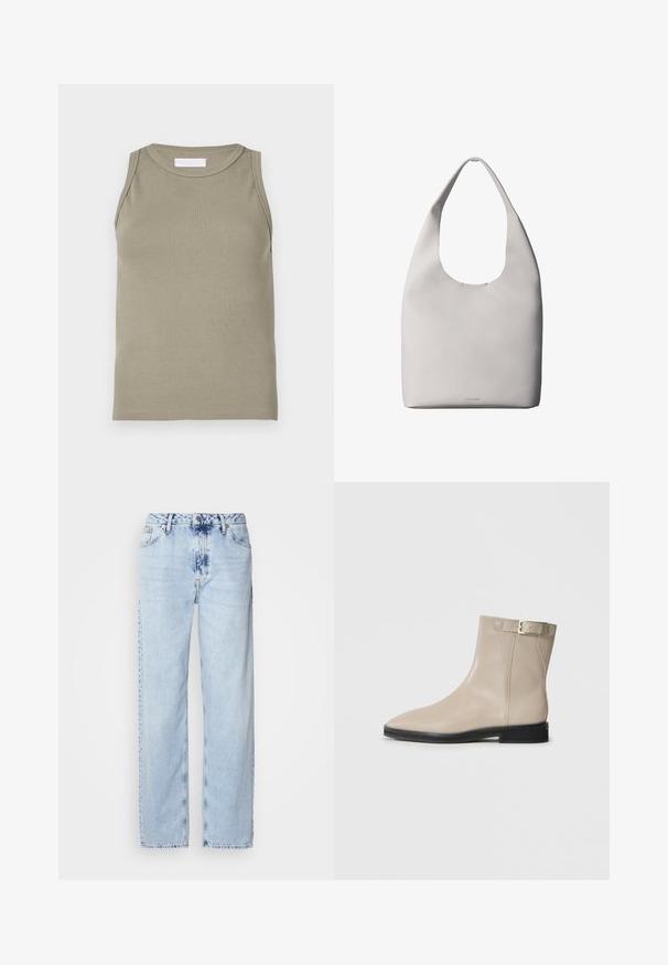 Débardeur côtelé vert olive, avec un col rond et un design sans manches. Confectionné en matière douce et extensible avec une silhouette ajustée.; Jeans large bleus clairs en denim, avec une taille haute, un lavage décoloré et un motif tie-dye subtil à l'avant.; Bottes en cuir beige à la cheville avec un bout pointu, semelle noire, talon bas et une sangle à boucle dorée sur le côté externe, présentées sur un fond blanc.; Sac fourre-tout en cuir blanc avec une bandoulière unique, texture douce et logo discret Calvin Klein près du centre en bas.