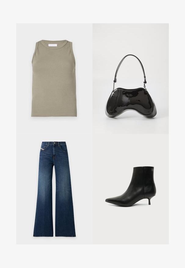 Débardeur côtelé vert olive, avec un col rond et un design sans manches. Confectionné en matière douce et extensible avec une silhouette ajustée.; Jeans taille haute, bleu foncé, à jambe large, avec poches avant et à pièce, fermeture à bouton et détails de décoloration subtile sur les cuisses.; Bottine en cuir noir avec bout pointu et petit talon kitten sur fond clair, vue côté extérieur.; Sac à main en cuir verni noir avec une forme incurvée unique, une anse courte et ajustable, et une fermeture zippée. Texture lisse avec un branding discret.