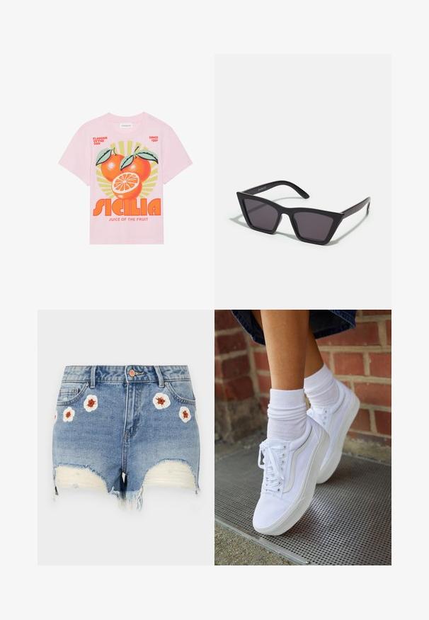 T-shirt en coton rose avec un graphisme vibrant de trois oranges avec des feuilles, un fond en rayons de soleil et un texte en gras "SICILIA JUS DU FRUIT."; Shorts en denim avec un ourlet effiloché, de couleur bleu clair, ornés de broderies florales blanches et brunes sur le devant. Design à cinq poches.; Baskets en toile blanches avec semelles en caoutchouc, dotées de six œillets, d'un bout rond et de détails de couture légers, portées avec des chaussettes blanches mi-mollet.; Lunettes noires angulaires avec des verres gris ; fabriquées en plastique, avec des branches épaisses à la surface lisse et sans matériel visible.