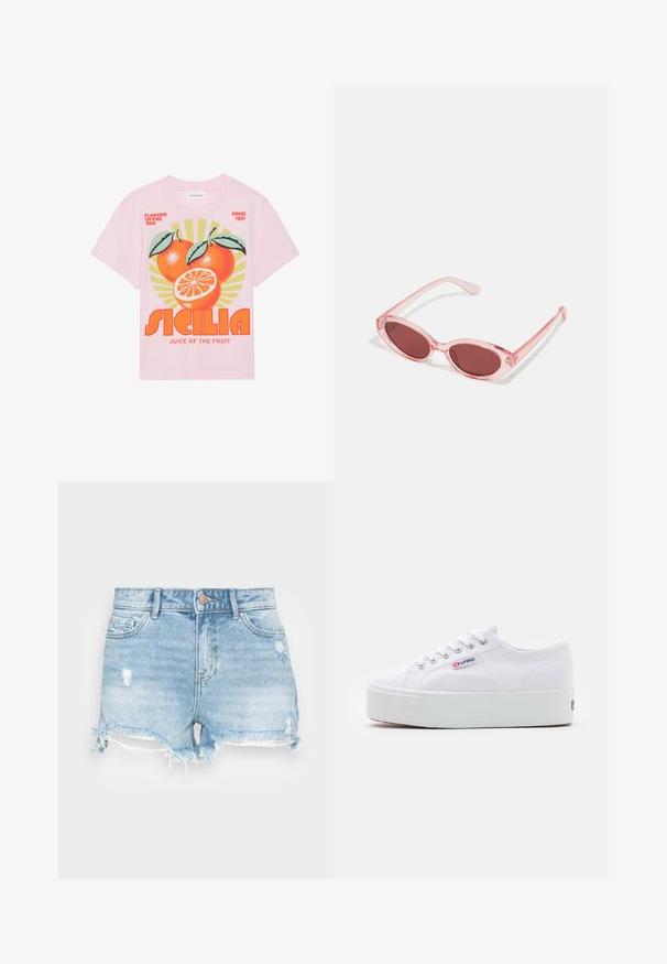 T-shirt en coton rose avec un graphisme vibrant de trois oranges avec des feuilles, un fond en rayons de soleil et un texte en gras "SICILIA JUS DU FRUIT."; Shorts en denim bleu clair avec une finition usée, un ourlet effiloché et un design classique à cinq poches. Comprend une fermeture à bouton en métal.; Baskets en toile blanches avec une épaisse semelle plateforme blanche, bout rond et œillets en métal pour les lacets. Logo de la marque affiché sur le côté.; Lunettes de soleil transparentes roses avec des verres ovales, teintés d'un rouge foncé, et des branches fines, présentant une finition lisse et des détails subtils sur la monture.