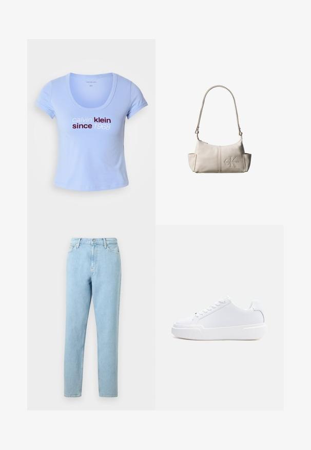 Svetlomodré bavlnené tričko s krátkymi rukávmi, s výstrihom do tvaru lode a textom "calvin klein since 1968" v tmavočervenej a bielej farbe na prednej strane.; Svetlomodré džínsy s rovnými nohavicami, dizajnom piatich vreciek a zapínaním na gombík. Obsahujú jemné vyblednutia a hladký povrch.; Biely nízky topánok s viazaním na šnúrky, hrubou podrážkou a hladkým zvrškom, zobrazený z vonkajšej strany na jednoduchom svetlom pozadí.; Malá béžová kožená kabelka cez rameno s nastaviteľným popruhom a vyrazeným logom Calvin Klein v prednej časti v strede.