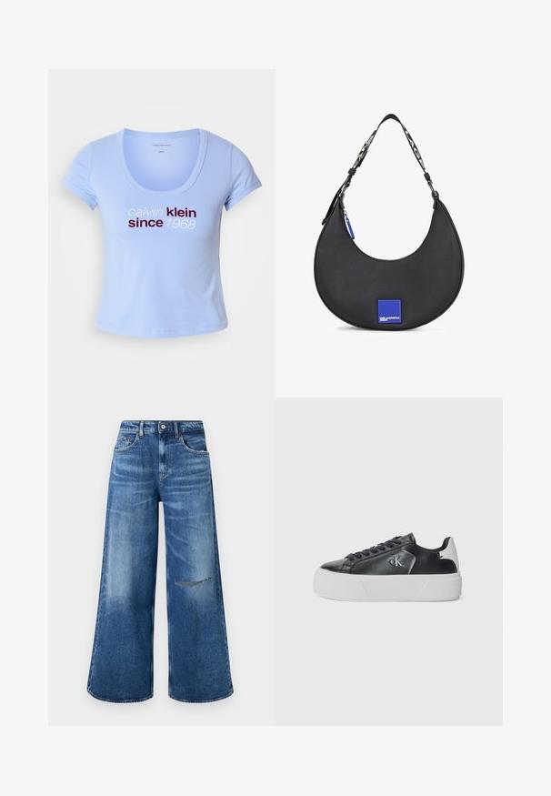 Vaaleansininen puuvillapaita, jossa on lyhyet hihat, pyöreä pääntie ja "calvin klein since 1968" -teksti tummanpunaisena ja valkoisena edessä.; Laivasta siniset denim farkut leveitä lahkeita, joissa on kulunut pesu, harmaita etutaskuja ja kulutetut yksityiskohdat polvessa, päätetty klassisella vyötäällä.; Calvin Klein Jeans FLATFORM LACE UP - Matalavartiset tennarit - black/bright white; Musta nahkainen olkalaukku kaarevalla siluetilla, jossa on sininen neliön muotoinen logo ja kontrastivärinen hihna, jossa on teksti.
