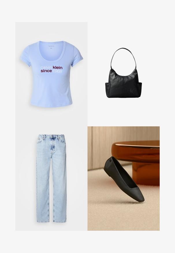 Svetlomodré bavlnené tričko s krátkymi rukávmi, s výstrihom do tvaru lode a textom "calvin klein since 1968" v tmavočervenej a bielej farbe na prednej strane.; Svetlomodré široké džínsy vyrobené z denimu, s vysokým pásom, vyblednutým umývaním a jemným vzorom batikovania na prednej strane.; Čierna balerína so špičatou špičkou ležiaca na béžovom koberci pri okrúhlom jantárovo sfarbenom stole v minimalistickom zariadení miestnosti.; Čierna kožená taška cez rameno s jedným remienkom, bočnými vreckami a jemným vystupujúcim logom Calvin Klein vpredu v pravom dolnom rohu.