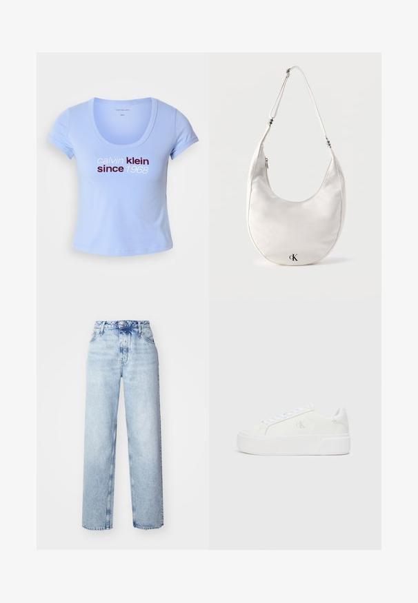 Svetlomodré bavlnené tričko s krátkymi rukávmi, s výstrihom do tvaru lode a textom "calvin klein since 1968" v tmavočervenej a bielej farbe na prednej strane.; Svetlomodré vysooko nasadené džínsy s voľným strihom, priamymi nohavicami, piatimi vreckami a klasickým zapínaním na gombík a zips.; Biele platformové tenisky s hladkým koženým zvrškom, zaoblenou špičkou, bielymi šnúrkami a jemným detailom loga na boku. Plochá gumová podrážka.; Biela ramenná taška v tvare polmesiaca s nastaviteľným remienkom a čiernym logom „cK“ blízko stredu spodnej časti na jednofarebnom pozadí.