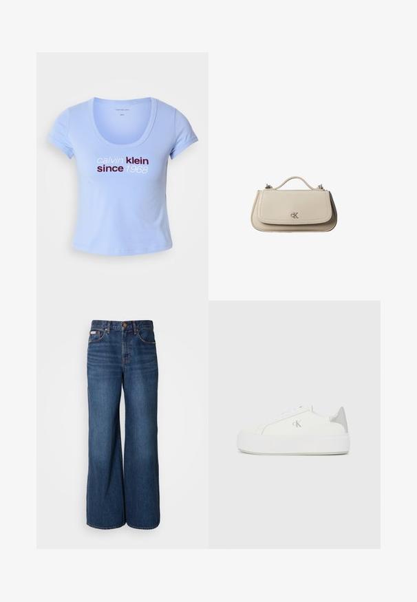 Camiseta de algodón azul clara con mangas cortas, escote redondeado y el texto "calvin klein desde 1968" en rojo oscuro y blanco en el frente.; Vaqueros de pierna ancha hechos de denim azul oscuro. Incluyen una cintura alta, cinco bolsillos y costuras en contraste de color naranja a lo largo de las costuras.; Zapatillas de lona blancas con una suela blanca gruesa, presentan un acento metálico plateado en el talón y un sutil detalle del logo en el lateral.; Pequeño bolso de mano de cuero beige con asa superior y logo plateado de CK en la solapa frontal, mostrado sobre un fondo blanco.