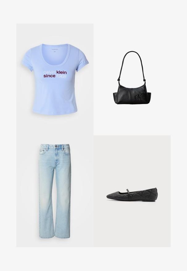 Ανοιχτό μπλε βαμβακερό t-shirt με κοντό μανίκι, με στρογγυλή λαιμόκοψη και κείμενο "calvin klein since 1968" σε σκούρο κόκκινο και λευκό μπροστά.; Ανοιχτό μπλε φαρδιά τζιν παντελόνια φτιαγμένα από τζιν, με κλασικό σχέδιο πέντε τσεπών και μια διακριτική φθαρμένη υφή. Είναι ορατές οι ραφές από τζιν.; Μαύρο μυτερό επίπεδο παπούτσι με γεωμετρικά σχέδια και λεπτό λουράκι στο επάνω μέρος σε απλό φόντο.; Μαύρη δερμάτινη τσάντα ώμου με μακρύ λουράκι, πλαϊνές θήκες και ανάγλυφο λογότυπο Calvin Klein στο μπροστινό μέρος.