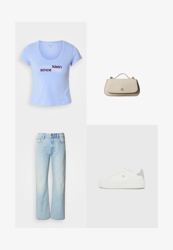 Svetlomodré bavlnené tričko s krátkymi rukávmi, s výstrihom do tvaru lode a textom "calvin klein since 1968" v tmavočervenej a bielej farbe na prednej strane.; Svetlomodré široké džínsy vyrobené z denimu, s klasickým päť-pocket dizajnom a jemnou vyblednutou textúrou. Švy z denimu sú viditeľné.; Biele plátené tenisky s hrubou bielou podrážkou, so strieborným kovovým akcentom na päte a jemným logom na boku.; Malá béžová kožená kabelka s horným držadlom a strieborným logom CK na prednej chlopni, zobrazená na bielom pozadí.