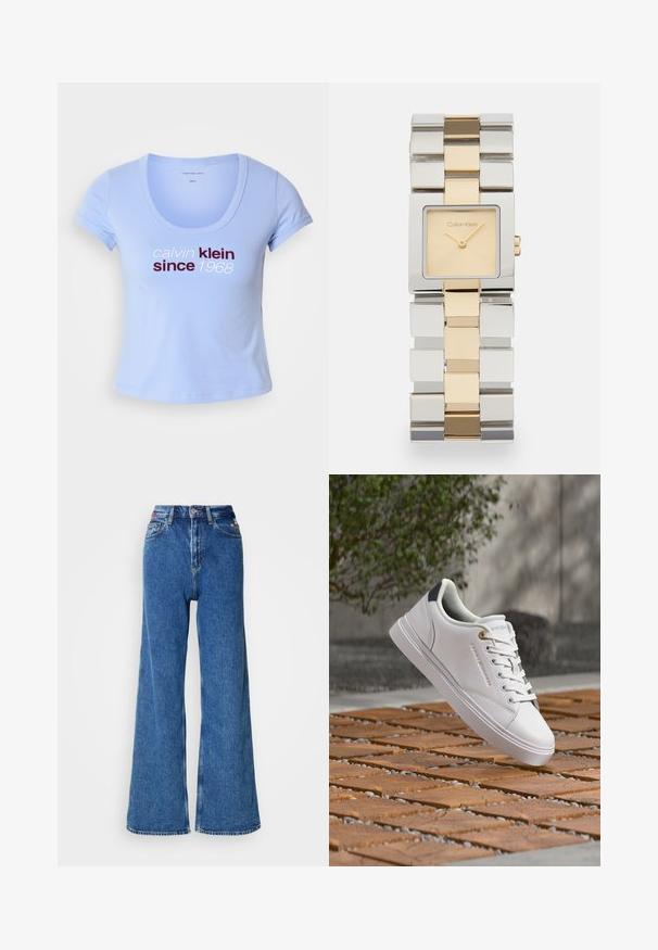 Svetlomodré bavlnené tričko s krátkymi rukávmi, s výstrihom do tvaru lode a textom "calvin klein since 1968" v tmavočervenej a bielej farbe na prednej strane.; Široké modré džínsy vyrobené z denimu, s vysokým pásom, päťvreckovým dizajnom a vyšitými detailmi pri páse.; Biely nízky tenisky so šnúrkami, zlatým očkom a námorníckym modrým detailom na päte, zavesené nad dreveným blokom a kamennou zemou vonku.; Štvorcové nerezové hodinky so zlatými akcentmi, s jasne zlatým ciferníkom a štvorcovými značkami hodín, na robustnom kovovom remienku.