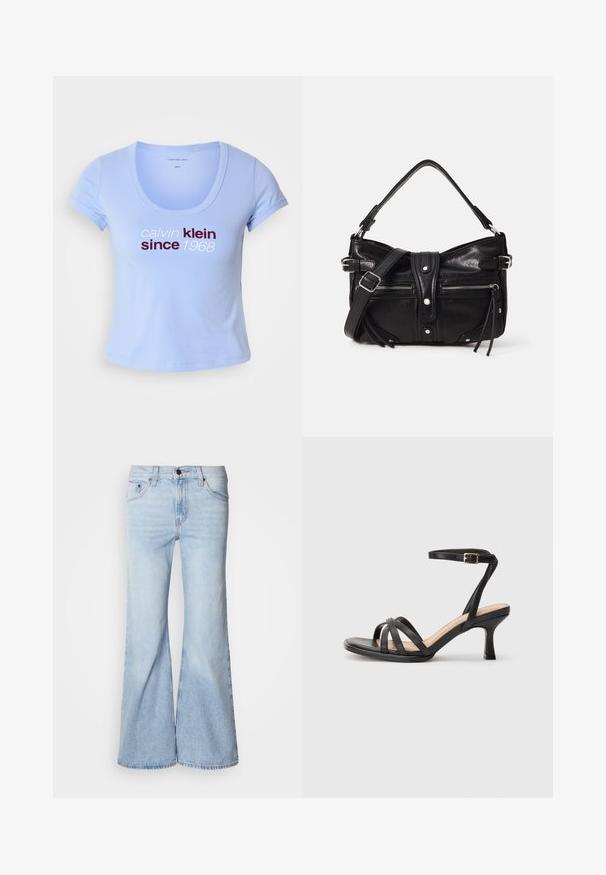 Svetlomodré bavlnené tričko s krátkymi rukávmi, s výstrihom do tvaru lode a textom "calvin klein since 1968" v tmavočervenej a bielej farbe na prednej strane.; Svetlomodré džínsové nohavice s rozšírenými nohavicami, vysoký pás, denimová tkanina, päť vreciek a zapínanie na gombík. Nohavice sú široké a majú mierne vyblednutý vzhľad.; Čierne sandále na vysokom podpätku s viacerými tenkými popruhmi cez prsty, jedným členkovým popruhom so zlatou prackou a štvorcovou špičkou.; Even&Odd H24462 - Kabelka - black
