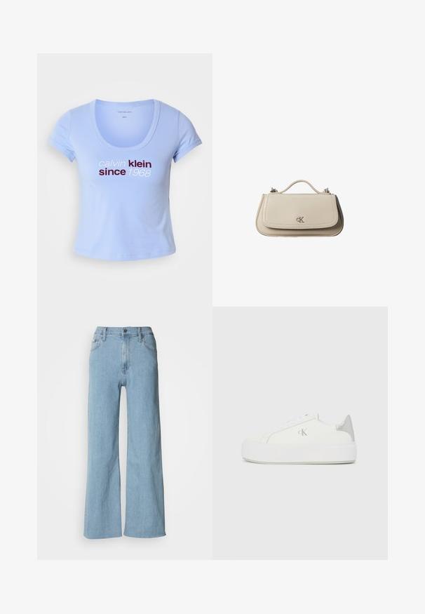 Ανοιχτό μπλε βαμβακερό t-shirt με κοντό μανίκι, με στρογγυλή λαιμόκοψη και κείμενο "calvin klein since 1968" σε σκούρο κόκκινο και λευκό μπροστά.; Ανοιχτό μπλε τζιν παντελόνι με φαρδιά γραμμή, κατασκευασμένο από ντένιμ, με εφαρμοστή μέση, πέντε τσέπες και διακριτές ραφές.; Λευκά καμβά παπούτσια με παχιά λευκή σόλα, που διαθέτουν μεταλλικό ασημί τόνο στη φτέρνα και διακριτική λεπτομέρεια λογότυπου στο πλάι.; Μικρή μπεζ δερμάτινη τσάντα χειρός με επάνω λαβή και ασημένιο λογότυπο CK στη μπροστινή πτερύγιο, εμφανίζεται σε λευκό φόντο.