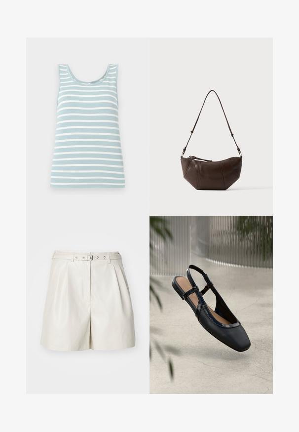 Débardeur bleu clair avec des rayures horizontales blanches, fabriqué en tissu doux. Il présente un décolleté arrondi et un design sans manches.; ONLY Synthetic leather ONLHEIDI Mid waist Regular Fit - Short - pumice stone; Chaussure plate slingback en cuir noir avec un orteil carré, dotée d'un fini verni brillant et de sangles ajustables pour un maintien sécurisé.; Sac à bandoulière en cuir marron avec un fond incurvé et une sangle réglable sur un fond clair uni.
