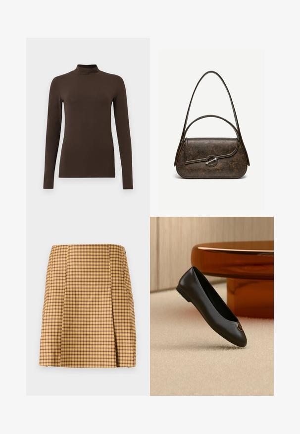 Brun langærmet turtleneck-top lavet af blødt stof. Tætsiddende design med høj krave og sømløse ærmer. Ingen synlige mønstre eller hardware.; Gul og lilla ternet nederdel med lige snit, der har en subtil plissering foran og et glat tekstureret stof.; Sort læder balletflat med rund tå og gyldent logomærke nær tåen, vist mod en beige tæppe og brun møbelbaggrund.; Mørkebrun tekstureret læderhåndtaske med to stropper, afrundet rektangulær form og sølvfarvet cirkulært låsespænde på frontklap.