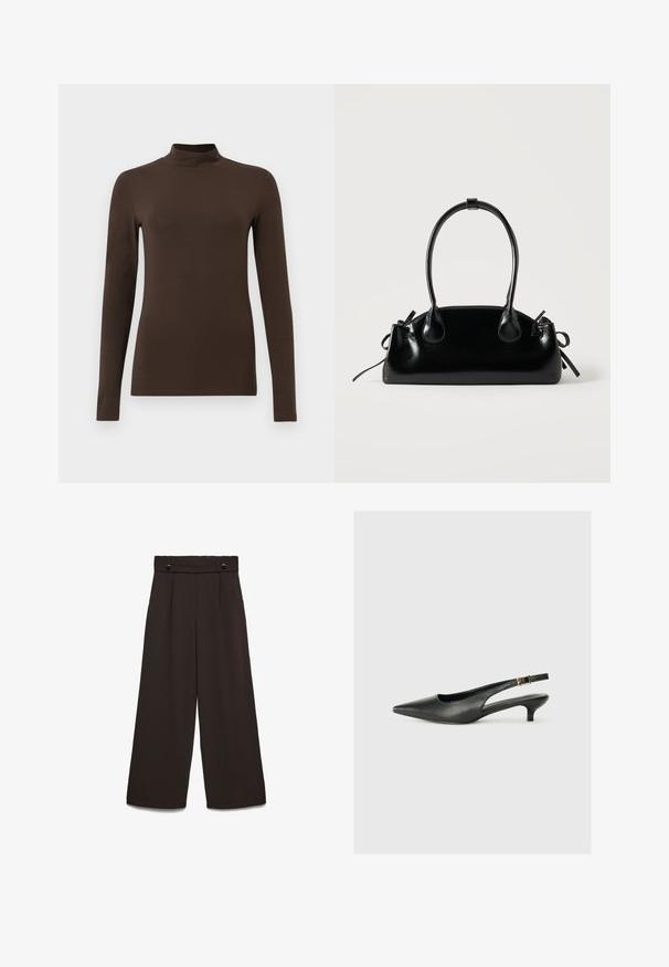 Bruine lange mouw turtleneck top gemaakt van zachte stof. Strak ontwerp met een hoge hals en naadloze mouwen. Geen zichtbare patronen of hardware.; Wijde broekspijpen van donkerbruine stof, met een hoge tailleband, twee steekzakken aan de voorkant en twee knopen aan de voorkant als sluiting. Gladde textuur.; Zwarte puntschoen met slingback van soepel leer. Kenmerkt zich door een dunne hak en een gespdetail op de verstelbare band.; Kleine zwarte glanzende handtas met twee lange hengsels en zijkant trekkoord details op een effen lichte achtergrond.