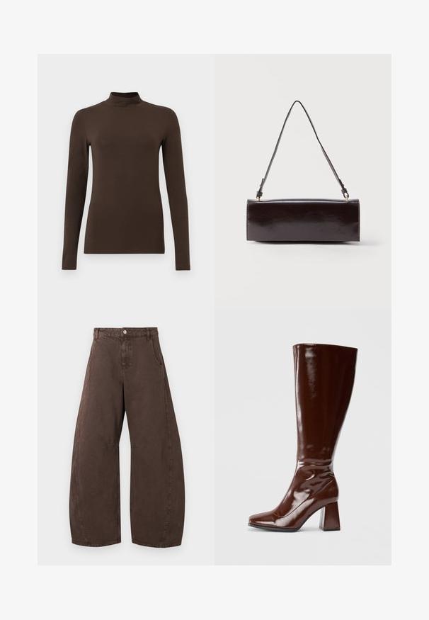 Brun langærmet turtleneck-top lavet af blødt stof. Tætsiddende design med høj krave og sømløse ærmer. Ingen synlige mønstre eller hardware.; Brune vidde bukser med høj talje, forreste knap- og lynlåslukning og sidelommer, vist fladt på hvid baggrund.; Knæhøje brune patentlæderstøvler med firkantet tå, glansfuld finish og en kraftig hæl for stabilitet. Sømløs design uden synligt hardware.; Rektangulær sort læderhåndtaske med en enkelt lang rem og blank finish, vist mod en ensfarvet hvid baggrund.