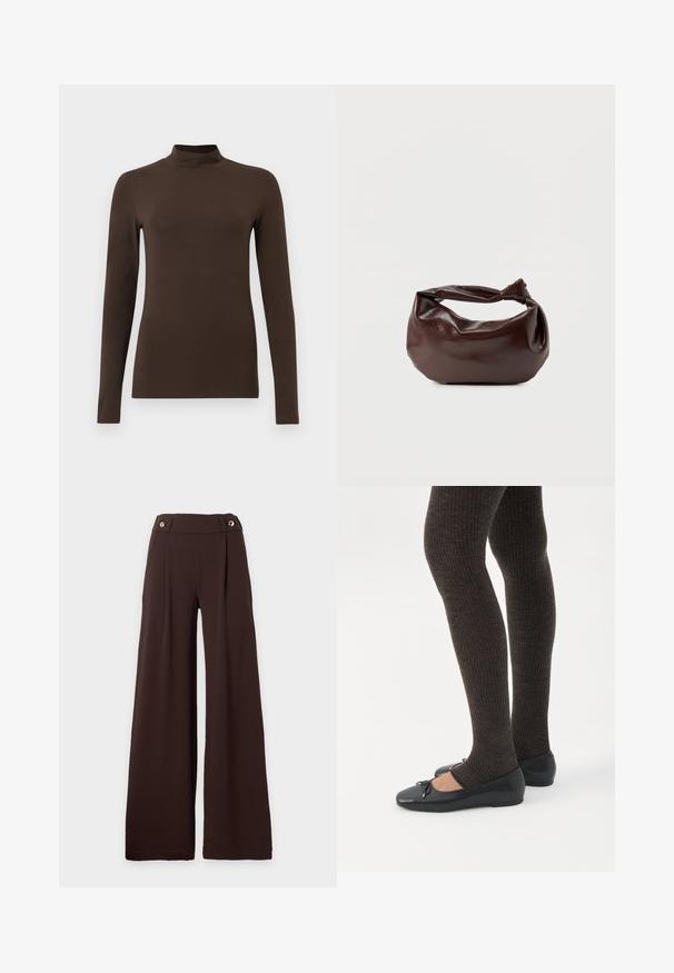 Brun langærmet turtleneck-top lavet af blødt stof. Tætsiddende design med høj krave og sømløse ærmer. Ingen synlige mønstre eller hardware.; Mørkebrune vidde bukser med høj talje og guldfarvede knapper på taljebåndet mod en hvid baggrund.; Ben iført mørke ribbede leggings kombineret med sorte balletsko med små sløjfedetaljer på hvid baggrund.; Mørkebrun læder skuldertaske med en blød, afslappet form og et snoet knudehåndtag på en ensartet hvid baggrund.