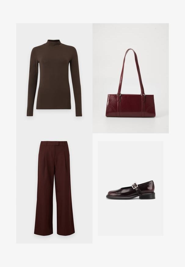 Bruine lange mouw turtleneck top gemaakt van zachte stof. Strak ontwerp met een hoge hals en naadloze mouwen. Geen zichtbare patronen of hardware.; Wijde, high-waist broek in donkerbruin met riemlussen en voorplooien, afgebeeld tegen een effen witte achtergrond.; Enkele glanzende donker bordeauxrode Mary Jane schoen met brede band en zilveren gesp, lage blokhak en afgeronde neus op witte achtergrond.; Bourgondische handtas van glanzend materiaal, rechthoekige vorm, met twee schouderbanden en subtiele gebogen accenten aan de voorkant.