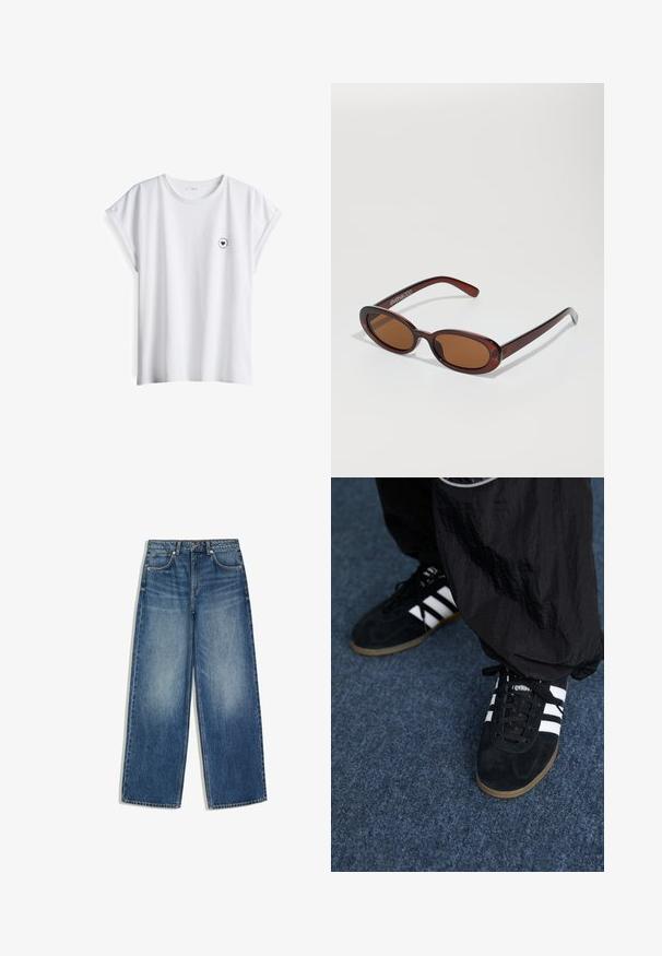 Witte katoenen t-shirt met korte opgerolde mouwen en een ronde hals, met een klein zwart bedrukt hartlogo op de linkerkant van de borst.; Blauwe spijkerbroek met wijde pijpen, voorzakken, riemlussen en vervaagde details op het dijbeen.; Zwarte suède sportschoenen met drie witte strepen en zwarte veters. Een gestructureerde zwarte broek is deels zichtbaar naast de schoenen.; Ronde, bruin getinte zonnebril met een glanzend bordeauxrood frame. Slanke pootjes met subtiele merkdetails. Vlakke lensontwerp.