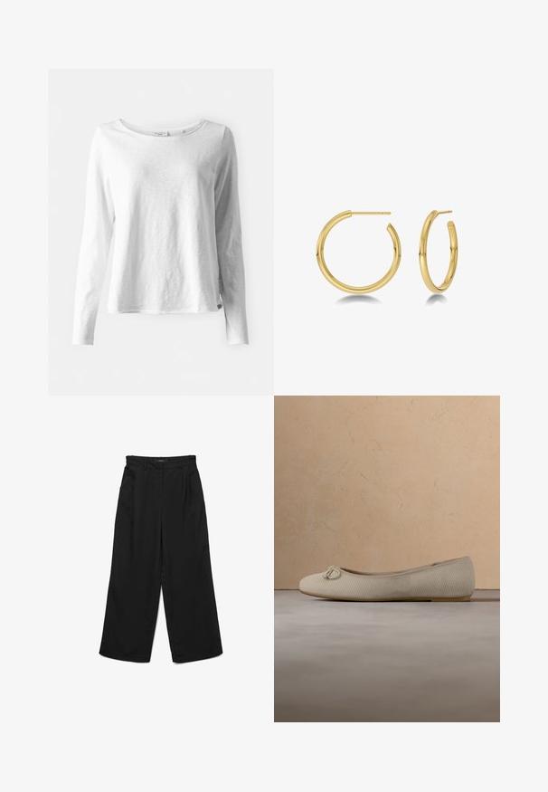 Langarm witte T-shirt van zacht, lichtgewicht materiaal; heeft een ronde hals en een licht aansluitende pasvorm; label zichtbaar aan de zijkant.; Zwarte wijde broek met een platte voorkant, twee plooien en zijzakken. Gemaakt van gladde stof met een gestructureerde tailleband.; Beige ballerinaschoen gemaakt van geribd stof, met een ronde neus en strikdetail aan de voorkant, voorzien van een dunne, flexibele zool.; Gouden oorringen met een glad, gepolijst oppervlak. De grotere ring is rond met een pinnetje als sluiting, en de kleinere ring heeft een iets kleinere diameter.
