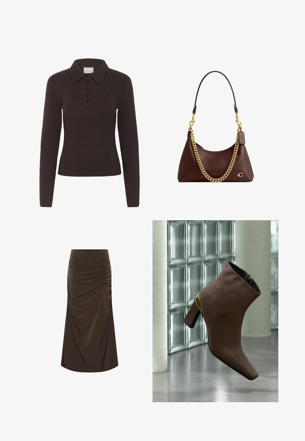 Polo-shirt à manches longues marron foncé avec six boutons noirs et un petit logo brodé sur la poitrine gauche.; Jupe midi marron avec des détails froncés sur le côté droit, cintrée à la taille et s'évasant légèrement vers l'ourlet.; Bottine en daim marron à talon bloc avec un accent doré sur un sol gris réfléchissant près d'un mur en blocs de verre.; Sac bandoulière en cuir marron avec une bandoulière chaîne dorée, petit logo "C" doré et une étiquette en cuir attachée au matériel de la bandoulière.