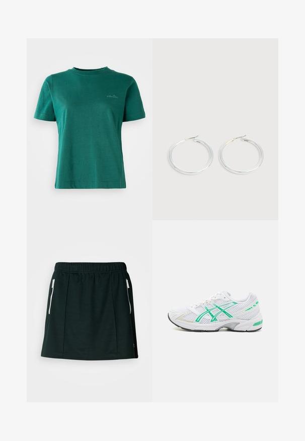 Camiseta verde de manga corta, hecha de una tela suave, con escote redondo y un sutil acento de logo en la parte delantera.; Falda deportiva negra fabricada con material suave, con una cintura elástica, dos bolsillos laterales con cremallera y detalles de pliegues para una forma estructurada.; ASICS SportStyle GEL-1130 - Zapatillas - white/malachite green; Pareja de pendientes de aro plateados brillantes con cierres de alambre delgado, mostrados sobre un fondo gris claro.