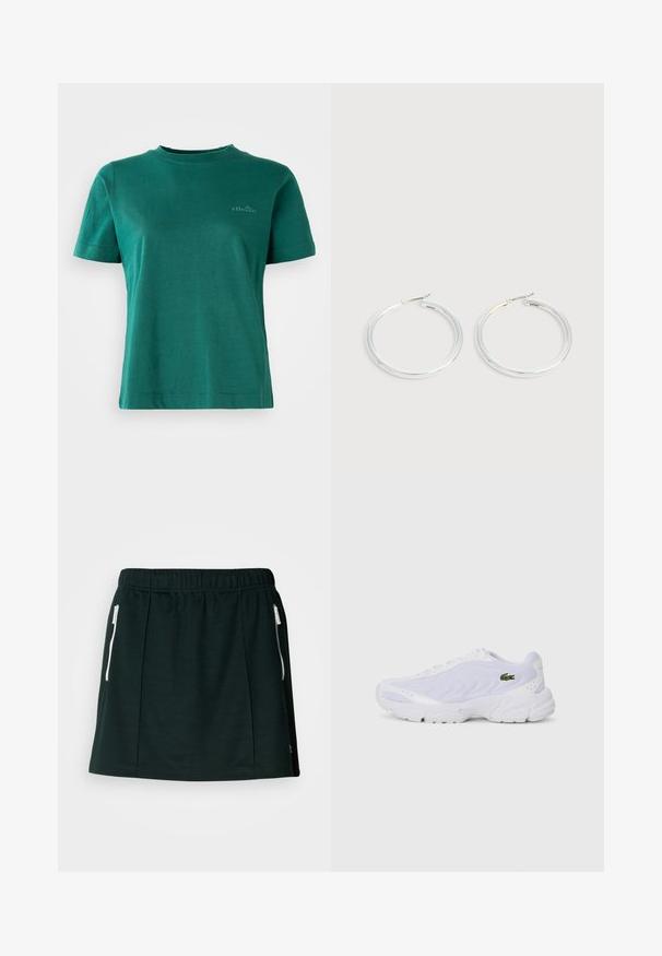Camiseta verde de manga corta, hecha de una tela suave, con escote redondo y un sutil acento de logo en la parte delantera.; Falda deportiva negra fabricada con material suave, con una cintura elástica, dos bolsillos laterales con cremallera y detalles de pliegues para una forma estructurada.; Zapatillas deportivas blancas con parte superior de malla, diseño texturizado y cuello acolchado. Cuenta con un logo verde en el lateral y una suela acolchada para mayor comodidad.; Pareja de pendientes de aro plateados brillantes con cierres de alambre delgado, mostrados sobre un fondo gris claro.