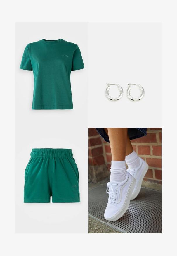Groene T-shirt met korte mouwen, gemaakt van zachte stof, met een ronde hals en een subtiele logoaccent op de voorkant.; Groene casual shorts met elastische taille en zijzakken, met een subtiele logo op het rechterbeen.; Witte canvas sneakers met rubberen zolen, voorzien van zes vetertjes, een ronde neus en lichte stikdetails, gecombineerd met witte enkelsokken.; Zilveren oorbellen in de vorm van een ring met een gepolijste afwerking, met een cirkelvorm en een scharnierende postsluiting. Glad oppervlak met minimale details.