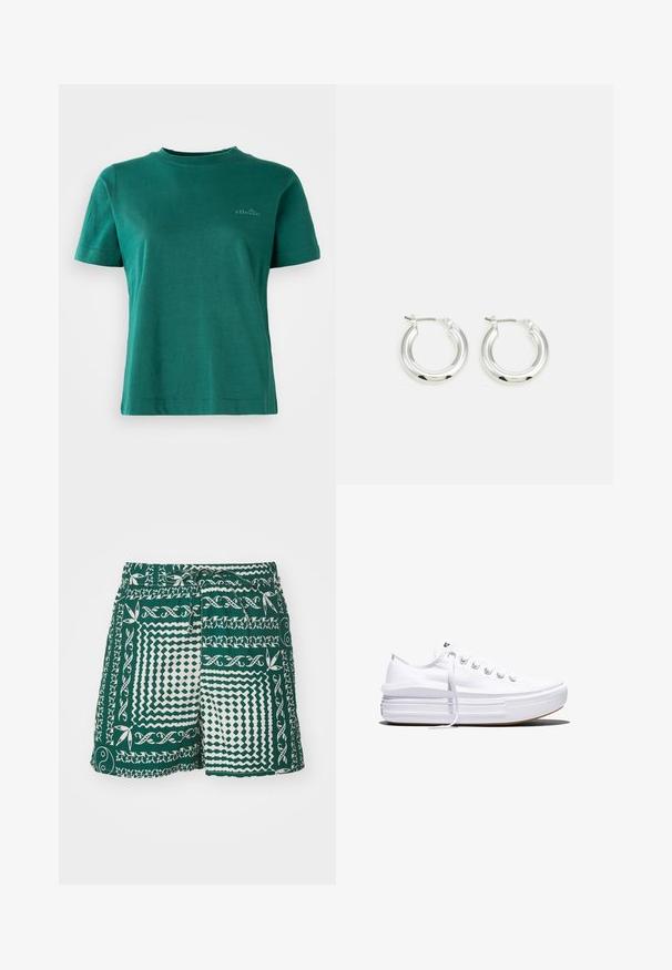 Grøn kortærmet t-shirt lavet af blødt stof med rund halsudskæring og et subtilt logopræg på forsiden.; Grønne shorts med hvide mønstre, herunder geometriske former og blomsterdesigns. Har en snor i livet og en afslappet pasform.; Hvid lavt snørestøvle med tyk plateau-sål, snørelukning foran og gummiforstærket tåkap, set i sideprofil.; Sølv hoop-øreringe med en poleret finish, der har en cirkulær form og en hængslet lukning. Glat tekstur med minimal detaljering.