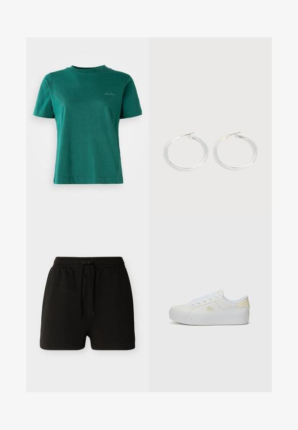 Grøn kortærmet t-shirt lavet af blødt stof med rund halsudskæring og et subtilt logopræg på forsiden.; Sorte elastiske shorts med snørre foran, ensfarvet design og lige kant mod en ensartet lys baggrund.; Hvide canvas sneakers med en struktureret overflade, rund tå og flade snørebånd. Har en subtil gul detalje og et logo på siden.; Par skinnende sølvøreringe med tynde trådlåse, vist på en lys grå baggrund.
