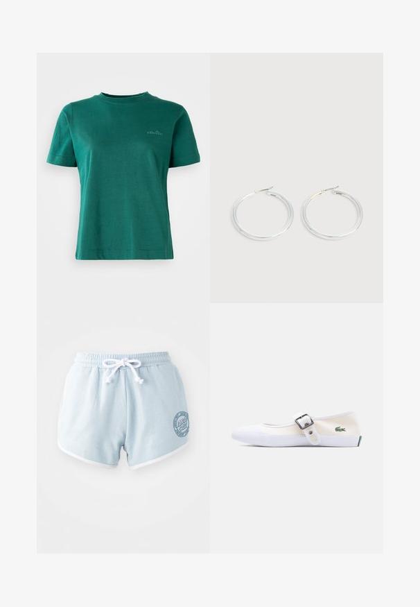 Camiseta verde de manga corta, hecha de una tela suave, con escote redondo y un sutil acento de logo en la parte delantera.; Pantalones cortos azul claro de tela suave con un cordón blanco, con un borde blanco y un parche de logo circular en el lateral.; Zapato Mary Jane de lona blanca con una correa con hebilla, suela de goma y un logo de cocodrilo verde en un lado.; Pareja de pendientes de aro plateados brillantes con cierres de alambre delgado, mostrados sobre un fondo gris claro.