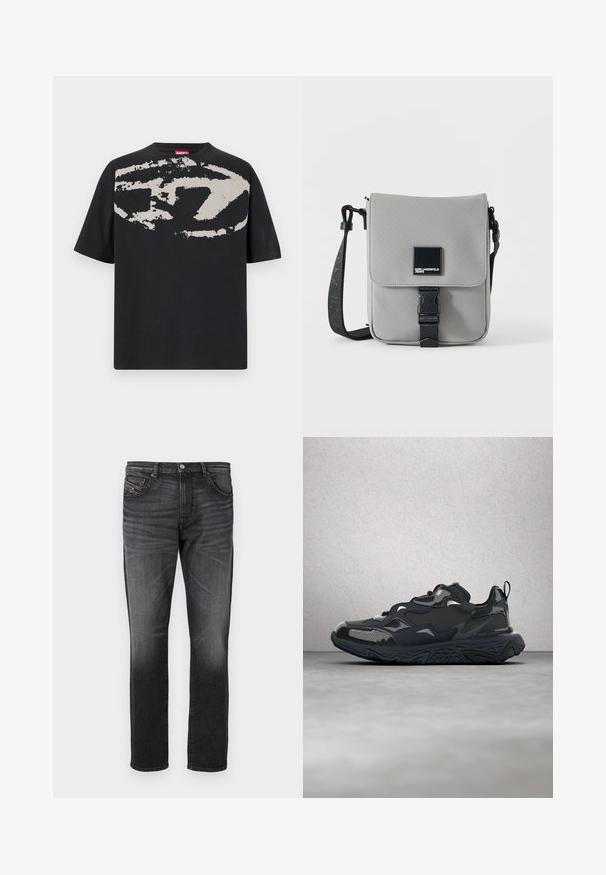 Schwarzes T-Shirt mit einem großen, abstrakten hellgrauen Grafik auf der Vorderseite. Mit kurzen Ärmeln und einem klassischen, runden Halsausschnitt. Aus Baumwolle.; Schwarze Jeans aus Denim mit geradem Bein, fünf Taschen, dezenter Ausbleichung und einem kleinen roten Stoffetikett an der Vordertasche.; Schwarzer Laufschuh mit strukturiertem Obermaterial, glatten Akzenten und einer klobigen Sohle mit wellenförmigem Profil, entworfen für Komfort und Langlebigkeit.; Graue Crossbody-Tasche mit schwarzem, verstellbarem Gurt, vordere Klappe mit schwarzer Schnalle gesichert, mit quadratischem Karl Lagerfeld Jeans Logo-Patch.