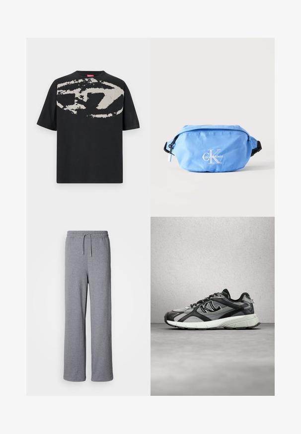 Sort t-shirt med et stort, abstrakt lys grå grafik foran. Korte ærmer og en klassisk rund halsudskæring. Materialet er bomuld.; Grå, brede sweatpants lavet af blødt materiale; har en elastisk talje med snøre og ingen lommer. Enkelt, udekoreret design.; Grå og sort atletiksko med mesh- og lædermaterialer, polstret krave, hvid mellemsål, tekstureret ydersål og reflekterende accenter.; Lyseblå Calvin Klein bæltetaske med hvidt logo, sort justerbar strop og lynlåslukning på ensfarvet baggrund.