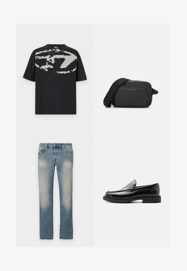 Sort t-shirt med et stort, abstrakt lys grå grafik foran. Korte ærmer og en klassisk rund halsudskæring. Materialet er bomuld.; Lyseblå denim jeans med lige ben, falmede områder, fem lommer og knaplukning. Stoffet viser let slid og brugsmærker.; Sort læderloafer med chunky gummisål, syet overdel og præget mærkenavn på hælen, vist i sideprofil på hvid baggrund.; Sort crossbody taske med præget MK-logo, lynlåslomme foran og justerbar stofrem. Har en glat materialeoverflade.