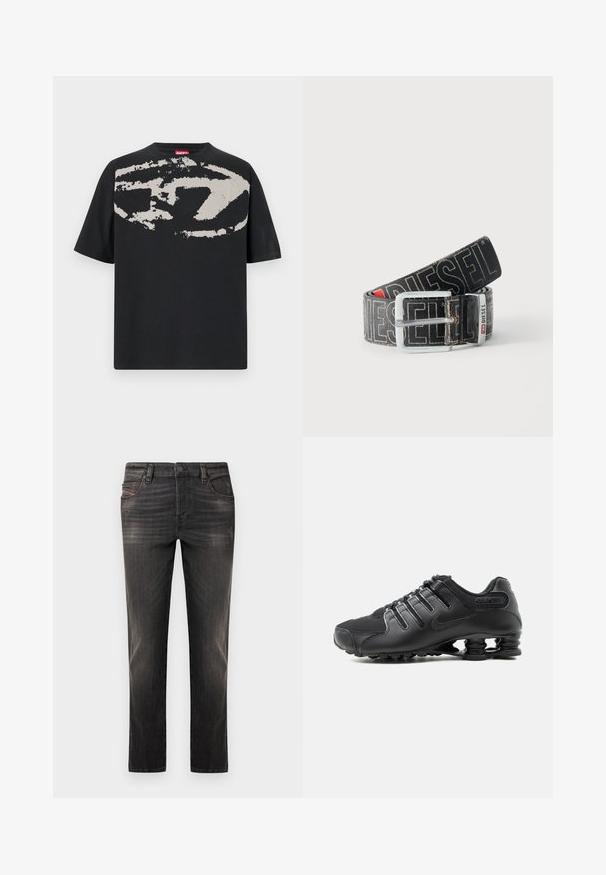 Camiseta negra con un gran gráfico abstracto en gris claro en la parte frontal. Mangas cortas y un cuello redondeado clásico. Material de algodón.; Vaqueros de mezclilla negra con diseño desteñido, corte recto, estilo de cinco bolsillos y cierre de botones. Presentan costuras sutiles y detalles metálicos.; Zapatilla deportiva negra con parte superior texturizada, cierre de cordones y distintivo soporte de suela tipo resorte visible sobre un fondo blanco.; Cinturón negro Diesel con gran texto de logo en blanco, hebilla rectangular plateada y detalle de la anilla metálica con marca, enrollado sobre un fondo claro.