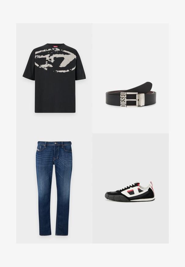 T-shirt noir avec un grand motif abstrait gris clair sur le devant. Manches courtes et encolure ronde classique. Matière en coton.; Jean en denim bleu foncé avec une coupe droite, dotés d'un design à cinq poches, de coutures visibles et d'une fermeture à bouton en métal à la taille.; Diesel S PAGODHA LOW - Baskets basses - black; Ceinture en cuir noir avec une boucle en métal argenté portant le texte en relief "DIESEL". Le design est épuré avec une texture lisse.