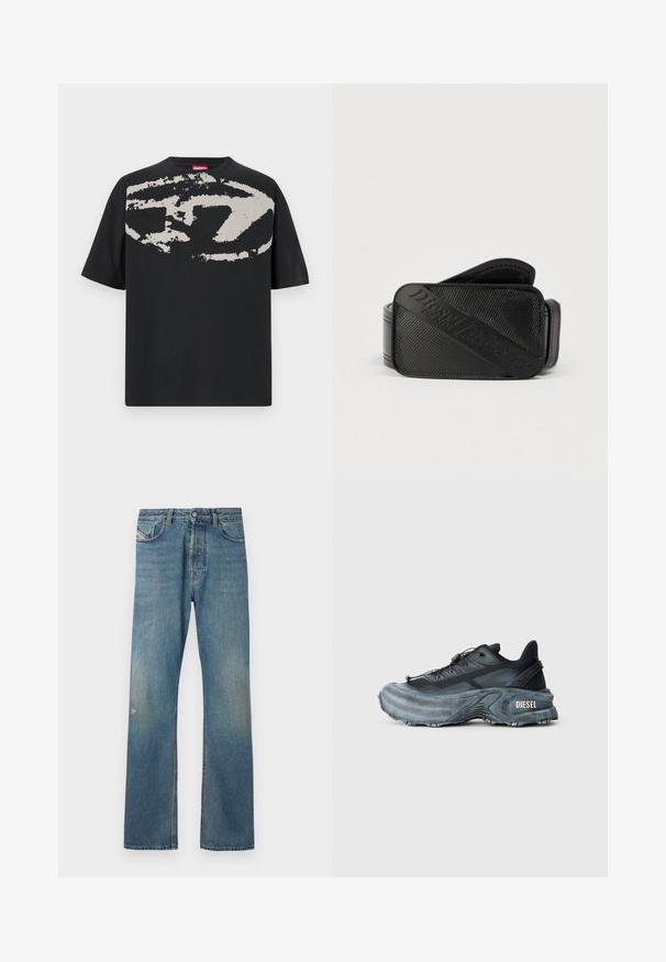 Camiseta negra con un gran gráfico abstracto en gris claro en la parte frontal. Mangas cortas y un cuello redondeado clásico. Material de algodón.; Jeans de mezclilla azul con un diseño de pierna recta, que presentan un ligero desvanecimiento, bolsillos frontales y un cierre de botón en la cintura.; Zapatilla Diesel en negro y gris con suela gruesa, cierre de cordón y diseño texturizado sobre un fondo liso de color gris claro.; Cinturón negro con un diseño texturizado y un logotipo en relieve prominente. El material parece suave con un acabado similar al cuero.