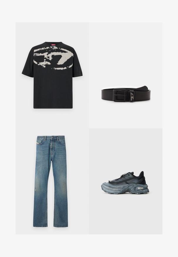 T-shirt noir avec un grand motif abstrait gris clair sur le devant. Manches courtes et encolure ronde classique. Matière en coton.; Jeans en denim bleu avec une coupe droite, présentant un léger délavage, des poches avant et une fermeture à bouton à la taille.; Baskets Diesel noires et grises avec semelle épaisse, système de laçage à bascule et design texturé sur fond gris clair uni.; Diesel DAVE - Ceinture - t8013