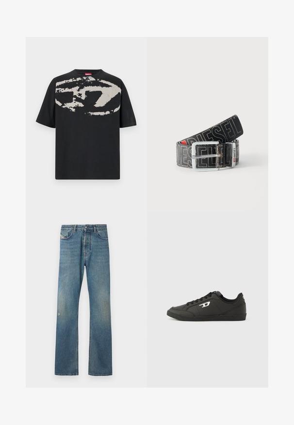 Sort t-shirt med et stort, abstrakt lys grå grafik foran. Korte ærmer og en klassisk rund halsudskæring. Materialet er bomuld.; Blå denimjeans med et lige ben-design, der har en let falmning, forlommer og en knaplukning i taljen.; Sorte syntetiske sneakers med en struktureret sort sål, rund tå og flade sorte snørebånd. Fremtrædende hvidt logo på ydersiden.; Sort Diesel-bælte med stor hvid logo tekst, rektangulært sølvspænde og brandet metal-loop detalje, rullet sammen på en lys baggrund.