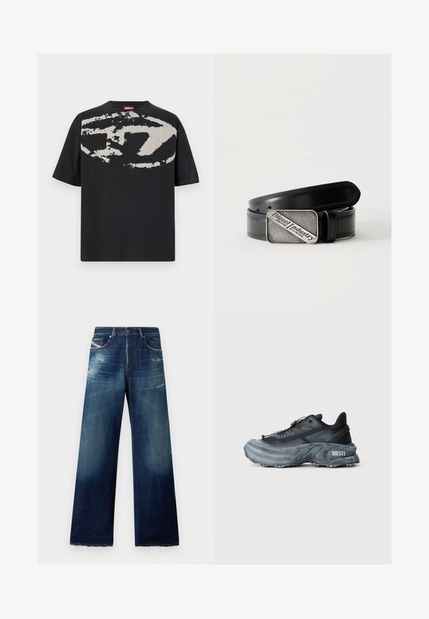 Sort t-shirt med et stort, abstrakt lys grå grafik foran. Korte ærmer og en klassisk rund halsudskæring. Materialet er bomuld.; Bredde denim jeans i mørkeblå med slidte områder, distressed detaljer og flossede kanter. Fire lommer og knaplukning.; Sort og grå Diesel sneakers med tyk sål, snørrebåndslukning og tekstureret design på en ensfarvet lysegrå baggrund.; Sort læderbælte med rektangulært sølvspænde med indgraveret teksten "Diesel Industry Denim Division" på en lysstribet baggrund.