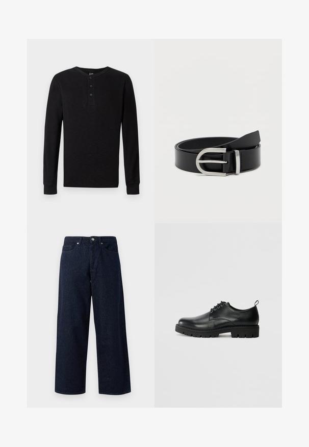 Camisa henley de manga larga negra con un botón de tres en el cuello, textura suave y puños acanalados, que presenta un corte clásico y un diseño minimalista.; Jeans de mezclilla anchos de color azul oscuro con cierre de botón, bolsillos delanteros y una sutil textura, con dobladillos rectos y un ajuste relajado.; Zapato de cuero negro con punta redonda, que presenta un diseño de cordones, suela negra de goma resistente y una pequeña lengüeta en el talón.; Cinturón de cuero negro con una textura suave, que presenta una hebilla de metal plateado y una forma rectangular clásica.