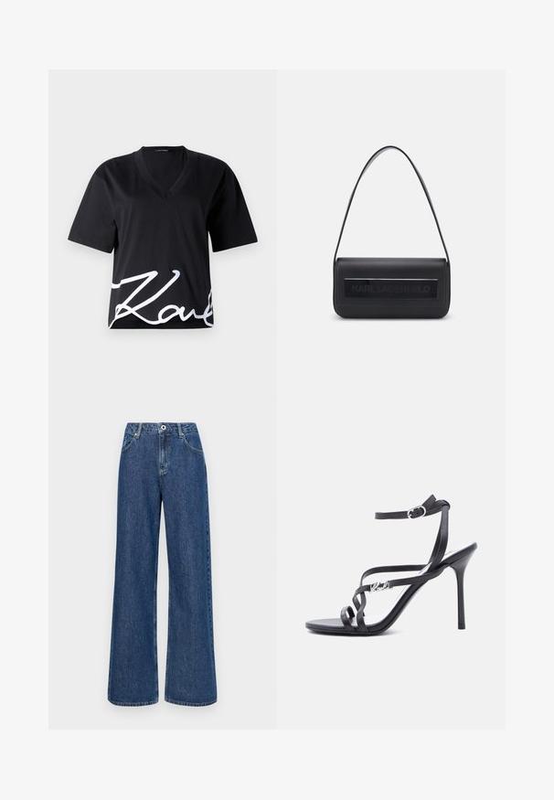 Schwarzes V-Ausschnitt-T-Shirt aus weichem Stoff, mit kurzen Ärmeln und einem großen weißen Signaturdruck auf der unteren Vorderseite.; Weite blaue Jeans mit hohem Bund, ausgestattet mit Fronttaschen und einem einzelnen Knopfverschluss. Strukturierter Stoff mit sichtbaren Nähten.; Schwarze Sandalette mit hohem Absatz, dünnen Riemen, einem Schnallenverschluss am Knöchel und einem Metall-Logodetail am seitlichen Riemen, vor weißem Hintergrund.; Schwarze Ledertasche mit einem einzigen Schulterriemen, rechteckiger Form, ausgestattet mit einem strukturierten Feld mit dem prägten "KARL LAGERFELD" Logo auf der Vorderseite.