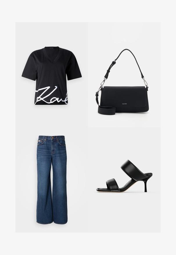 Sort V-hals T-shirt lavet af blødt stof, med korte ærmer og et stort hvidt signaturtryk nederst på fronten.; Bredde jeans lavet af mørkeblåt denim. Funktioner inkluderer en høj talje, fem lommer og kontrasterende orange syninger langs sømmene.; Sort læder mule sandal med to brede remme og en slank mellemhøj stiletthæl på en ensartet lys baggrund.; Sort syntetisk håndtaske med en glat tekstur, klaplukning og en aftagelig skulderrem. Har sølvfarvet hardware og brandlogo.