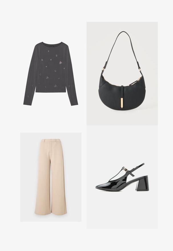 Chemise à manches longues grise avec un col rond, présentant des détails métalliques dispersés et une texture lisse.; Pantalon large beige taille haute avec passants pour ceinture et fermeture avant dissimulée sur fond blanc.; Chaussure slingback en cuir verni noir à petit talon, bout pointu et bride en T avec une petite boucle dorée.; Sac à main noir en forme de croissant avec une bandoulière unique, une fermeture éclair dorée et une languette décorative rectangulaire dorée à l'avant.