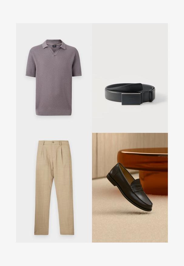 Polo en maille mauve à manches courtes avec motif gaufré texturé, col ouvert, poignets et ourlet côtelés, avec une petite étiquette noire à l’intérieur du col.; Pantalon beige ajusté avec fermeture à boutons et fermeture éclair, passants pour ceinture et plis plats à l'avant, présenté à plat sur un fond blanc.; Chaussure mocassin en cuir noir suspendue au-dessus d’un tapis beige avec du mobilier moderne couleur ambre en arrière-plan.; Ceinture en cuir noir enroulée avec une boucle noire mate rectangulaire et un logo embossé discret sur fond blanc.