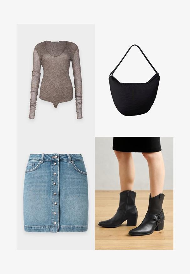 Ruskea pitkähihainen bodysuit, joka on valmistettu kevyestä, läpinäkyvästä kankaasta. Siinä on pyöreä pääntie ja tiukasti istuvat hihat, joilla on sileä pinta.; Vaaleansininen farkkuhame, jossa on etuosassa hopeiset napit, kaksi etutaskua ja rikottu helma.; Mustat nahkaiset nilkkasaappaat, joissa on terävä kärki, vetoketjusulku, kaareva korko ja koristeellinen hihna metallikoristeilla.; Musta kangas olkalaukku, jossa on kaartuva pohja ja ohuet kaksoishihnat, suunniteltu rentoon tai päivittäiseen käyttöön.
