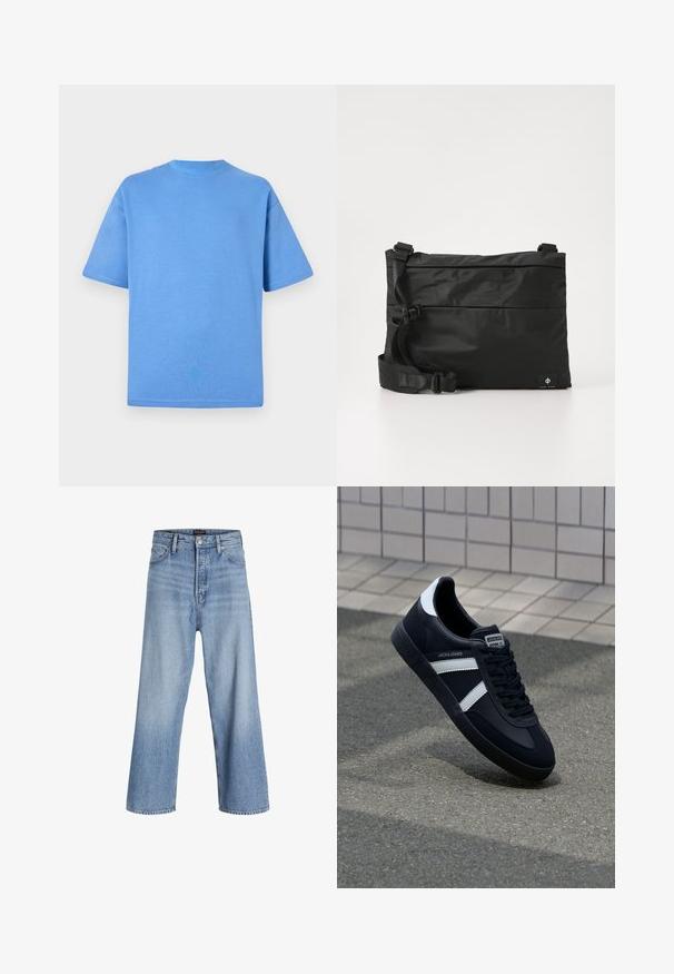 Blaues Baumwoll-T-Shirt mit kurzen Ärmeln, rundem Halsausschnitt und einfarbigem Design. Weicher Textur und lockere Passform.; Hellblaue Denim-Weite-Beine-Jeans mit hoher Taille, ausgestattet mit einer Knopfleiste, einem Fünf-Taschen-Design und subtiler Ausbleichung. Sauberer Saumabschluss.; Schwarze Leder-Sneaker mit weißen Streifen, strukturiertem Gummisohle und Schnürung. Verfügt über ein Markenetikett auf der Zunge.; Schwarze Nylon-Umhängetasche mit verstellbarem Riemen, flachem Design und seitlichem Etikett mit Logo. Glatte Textur und minimalistischer Stil.