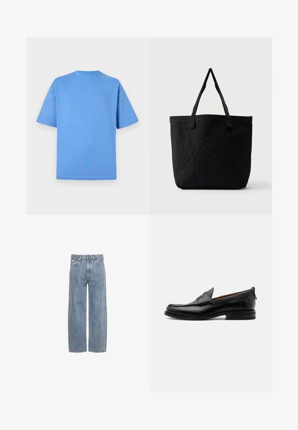 Blauwe katoenen t-shirt met korte mouwen, ronde halslijn en een effen kleur ontwerp. Zachte textuur en een ontspannen pasvorm.; Lichtblauwe jeans met rechte pijpen, knoop- en ritsluiting aan de voorkant, riemlussen en een ontwerp met vijf zakken.; Zwarte leren herensloffen met moc toe stiksel, pennyriem, gestructureerde kraag en lage gestapelde hak op witte achtergrond.; Zwarte canvas tas met twee schouderbanden en een subtiel, ingebosseleerd cirkelvormig ontwerp aan de voorkant.