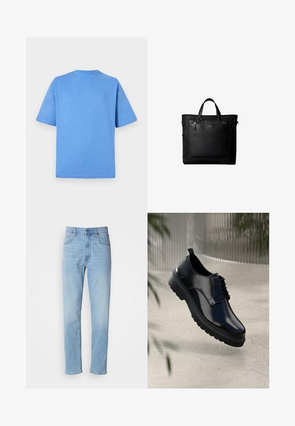 Blauwe katoenen t-shirt met korte mouwen, ronde halslijn en een effen kleur ontwerp. Zachte textuur en een ontspannen pasvorm.; Lichtblauwe denim jeans met een rechte pasvorm, vijf zakken en riemlussen. De stof heeft een gladde textuur met een lichte vervaging.; Zwarte leren schoen met een glanzende afwerking, ronde neus, vetersluiting, contrasterende stiksels en een dikke rubberen zool met profielpatronen.; Zwarte tote bag met dubbele handvatten, grote voorste leren zak met ritssluiting en subtiel Calvin Klein-logo in het midden van de zak.
