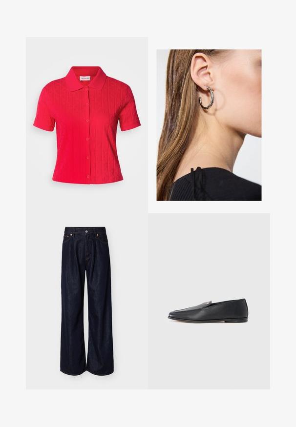 Polo de manga corta rojo hecho de tejido texturizado, con un cuello tipo polo, cierre de botones y un patrón de diamantes en toda la prenda.; Jeans de mezclilla azul oscuro de pierna ancha con botón frontal y diseño de cinco bolsillos sobre un fondo claro y liso.; Mocasines de cuero negro con textura suave, punta redondeada y detalles de costura sutiles. Presentan un acento de logo dorado en el lateral superior.; Pendiente de aro de plata con un acabado pulido, que presenta pequeños detalles en dorado y una forma redonda, llevado en el lóbulo.