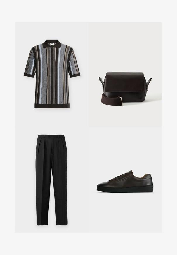 Polo en maille à manches courtes avec des rayures verticales noires, grises, beiges et bleu clair, avec un col noir et une fermeture éclair devant.; Pantalons plissés noirs au design sur mesure, confectionnés en tissu lisse, avec une fermeture à bouton et une coupe droite.; Baskets basses en cuir marron foncé avec semelle en caoutchouc noire, lacets à l'avant et design minimaliste épuré sur fond clair.; Sac bandoulière en cuir marron foncé avec fermeture à rabat et sangle en tissu réglable sur fond blanc.